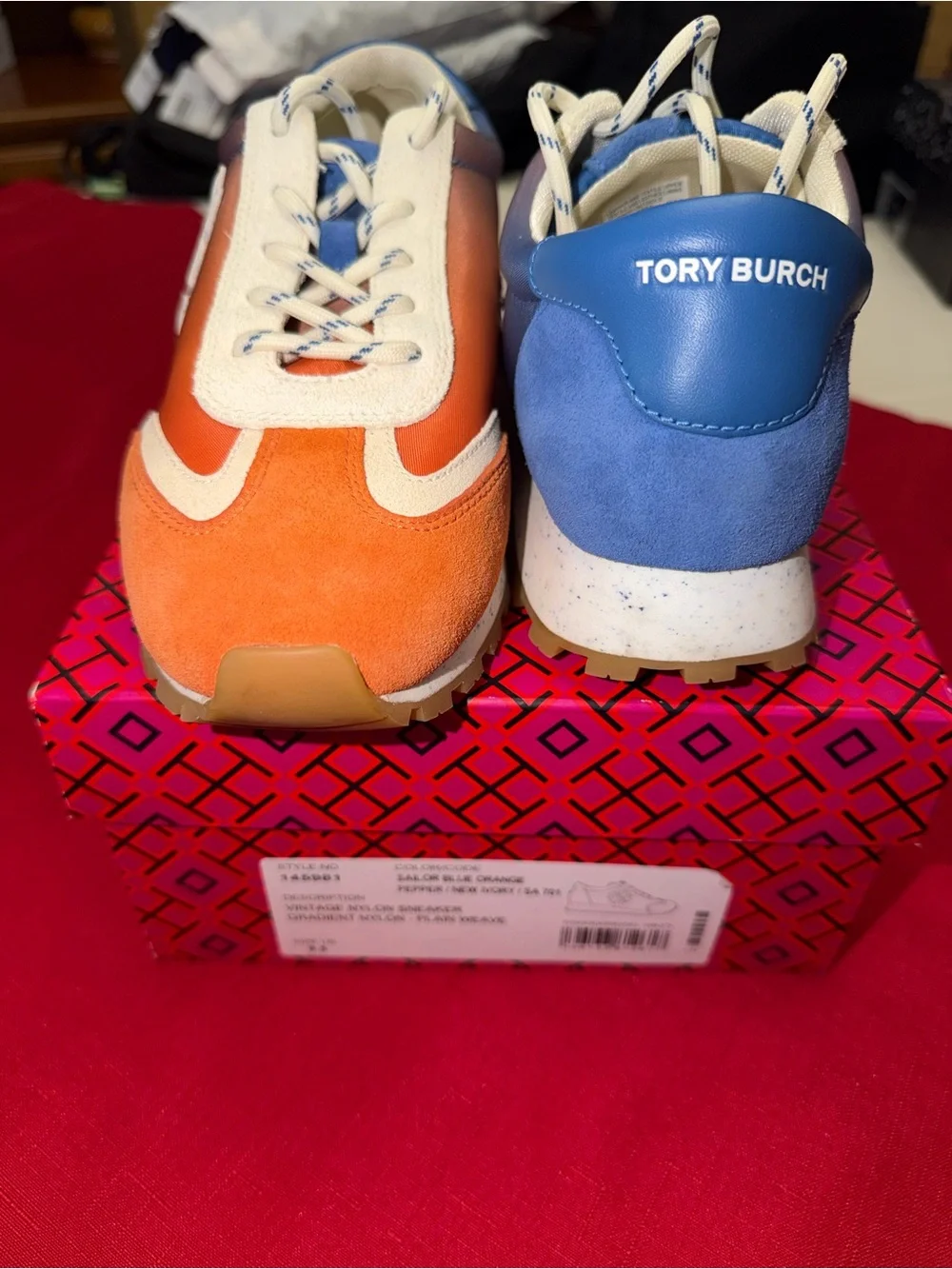 Tory Burch Orange, White & Blue Suede Lace-Up Sneakers